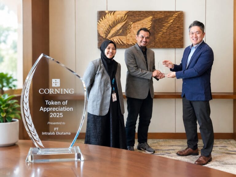 Brian selaku perwakilan Corning menyerahkan Token of Appreciation 2025 kepada PT Intralab Ekatama