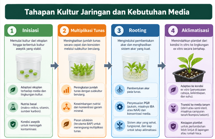 Tahapan kultur jaringan dan kebutuhan media: inisiasi, multiplikasi tunas, rooting, dan aklimatisasi